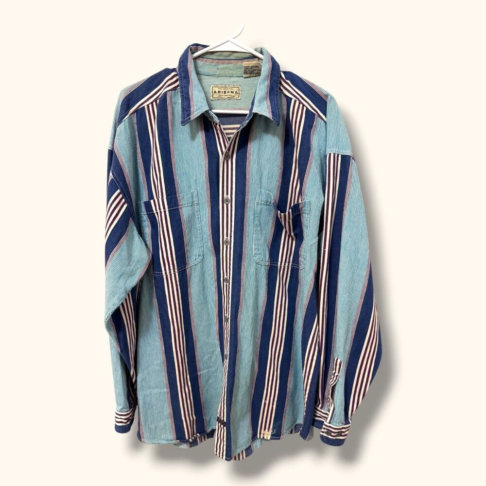 Arizona Shirt Men XLT Striped Cotton L/S Button Up Blue Turquoise VTG 90's Flaws